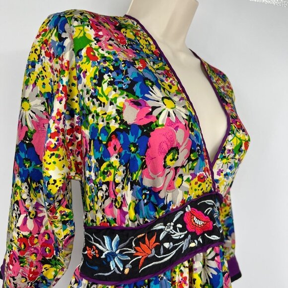Johnny was Kimono Tunic Dress Colorful Floral Tie Back Silk Vibrant Small. - Picture 7 of 13